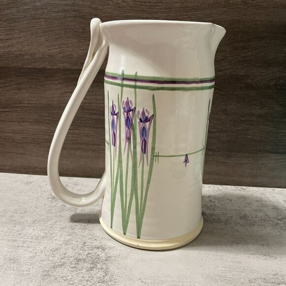 Studio Art Pottery Pitcher Hand Painted Purple Iris Flowers Handmade Signed 8" - Picture 2 of 11